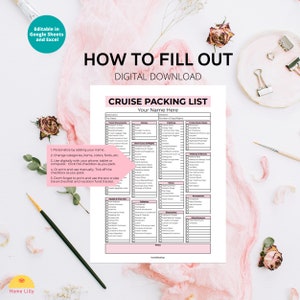 May include: A pink and white printable cruise packing list with a checklist format. The list includes categories for travel documents, money, clothing, cruise must-haves, toiletries, electronics, accessories, and miscellaneous items. The title of the list is "Cruise Packing List" and there is a space to write "Your Name Here".