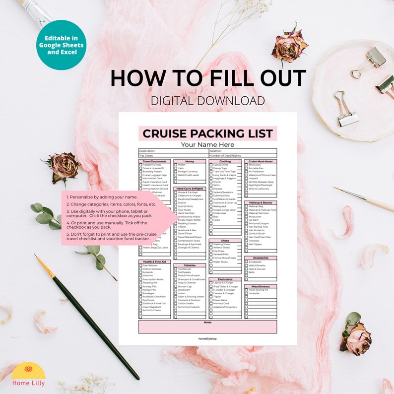 May include: A pink and white printable cruise packing list with a checklist format. The list includes categories for travel documents, money, clothing, cruise must-haves, toiletries, electronics, accessories, and miscellaneous items. The title of the list is "Cruise Packing List" and there is a space to write "Your Name Here".