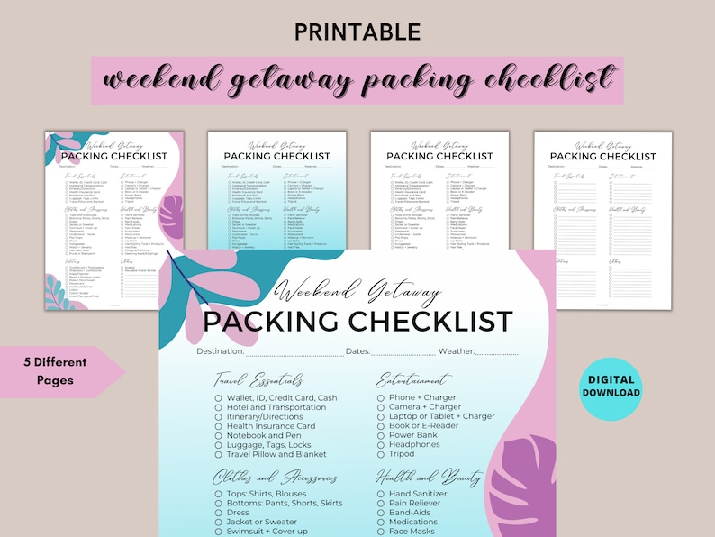 Packing List Printable Travel Packing Checklist Weekend Getaway Trip Packing List Blue Purple