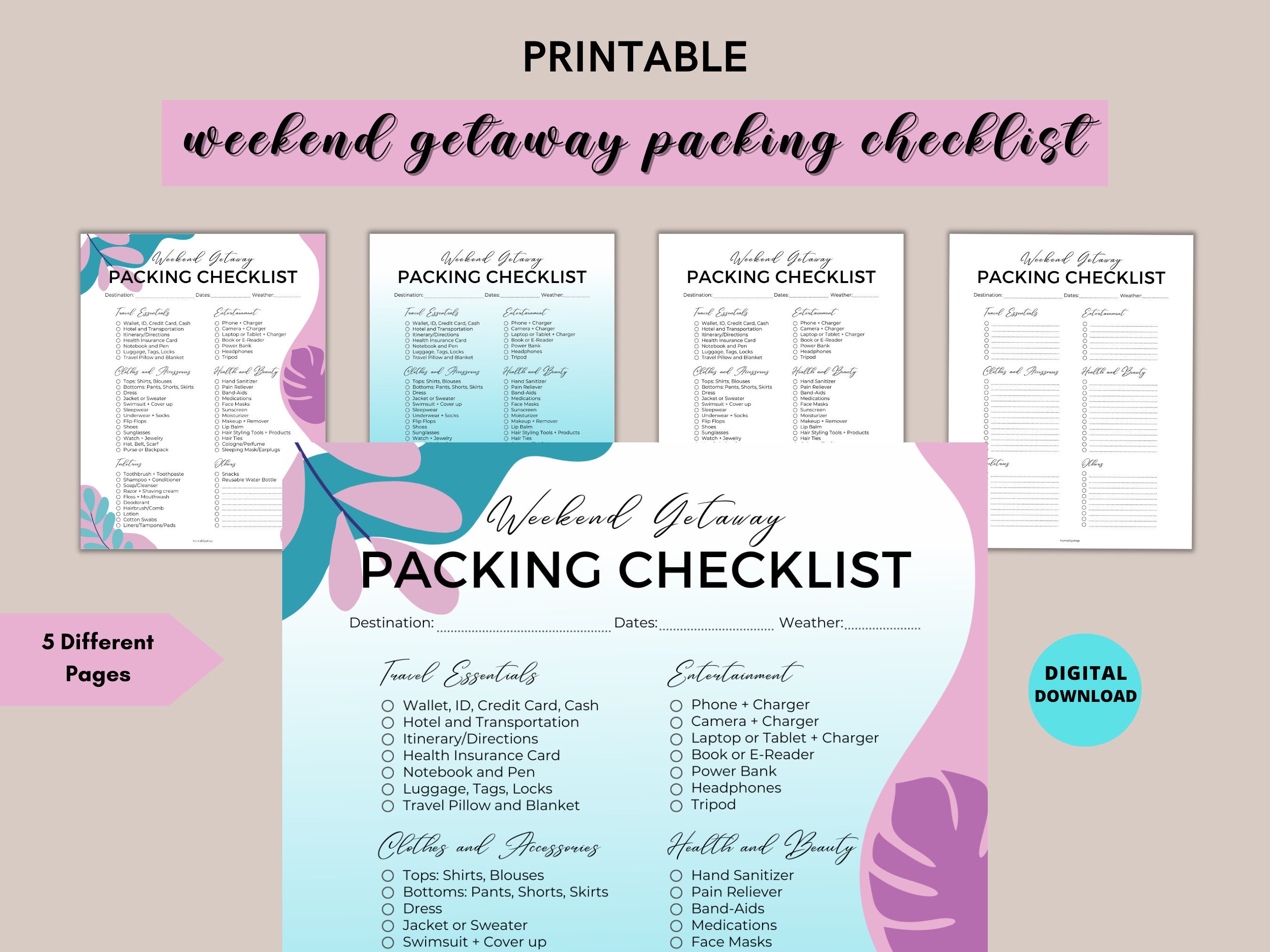 Packing List Printable Travel Packing Checklist Weekend Getaway Trip ...