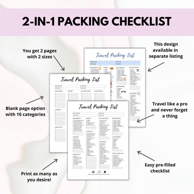 Travel Packing List Printable: Pre-filled & Blank (Digital Download) image 3
