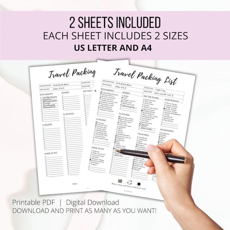 Travel Packing List Printable: Pre-filled & Blank (Digital Download) image 2