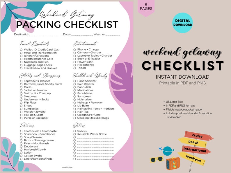 Packing List Printable Travel Packing Checklist Weekend Getaway Trip Packing List Blue Purple