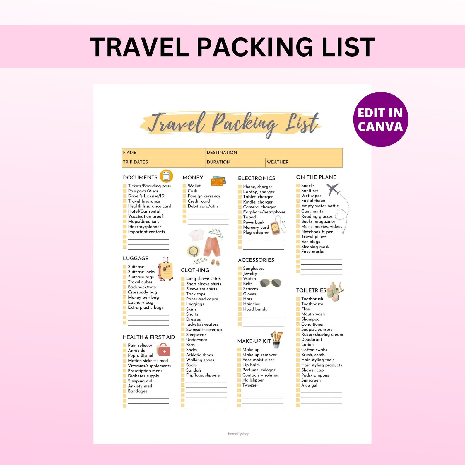 Editable Travel Packing List: Pre-filled Checklist Template (canva ...