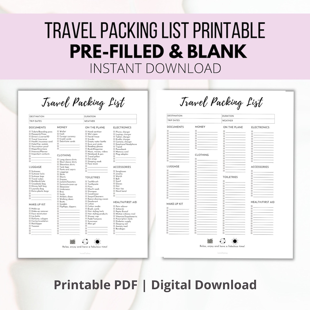 Travel Packing List Printable: Pre-filled Blank (digital