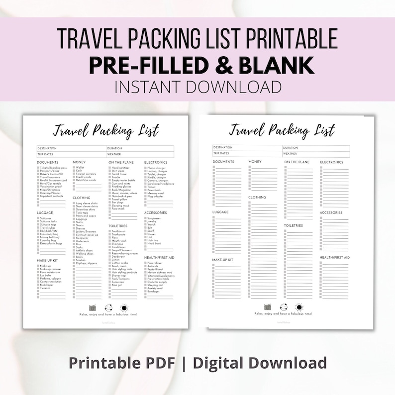 Travel Packing List Printable: Pre-filled & Blank (Digital Download) image 1