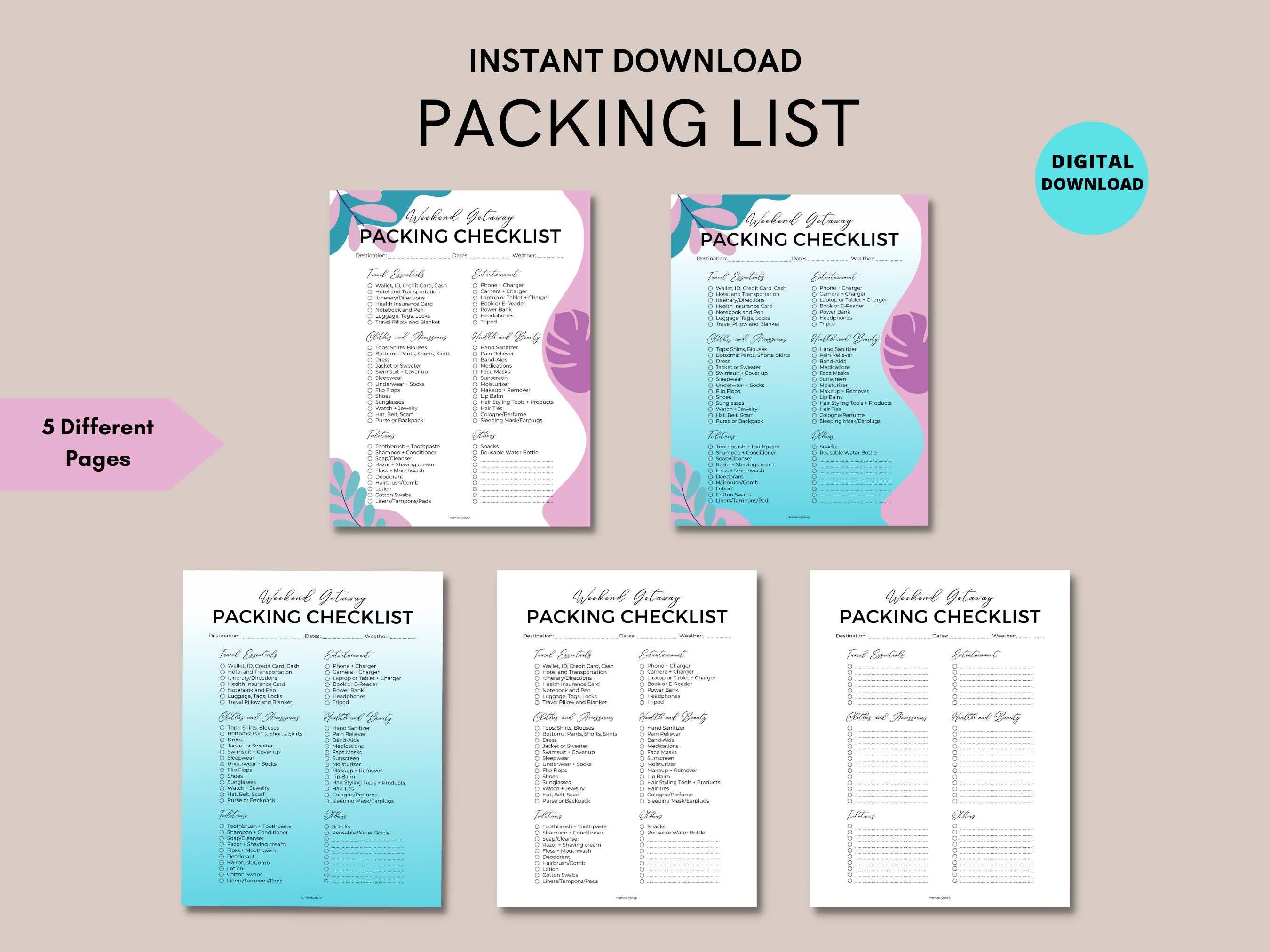 Packing List Printable Travel Packing Checklist Weekend Getaway Trip ...