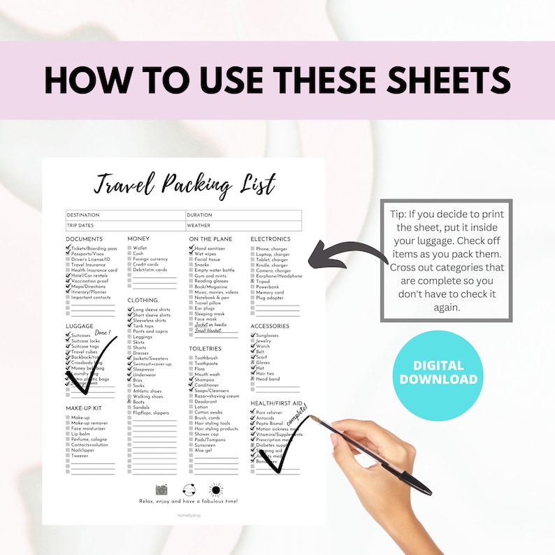 Travel Packing List Printable: Pre-filled & Blank (Digital Download) image 5