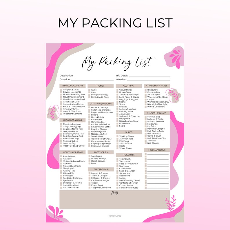 Travel Packing List Printable Packing Checklist Travel Planner Travel ...