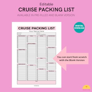 May include: A printable cruise packing list checklist with sections for travel documents, money, clothing, cruise must-haves, luggage and bags, hand carry (night), makeup and beauty, shoes, accessories, health and first aid, toiletries, electronics, miscellaneous, and notes. The checklist is available in pre-filled and blank versions.