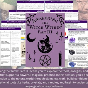 May include: A purple graphic with the text "Awakening the Witch: Part III" featuring a witch silhouette, crescent moon, stars, and a pentagram. The image includes charts on moon phases, crystals, and magickal tools.