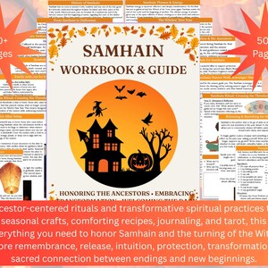 May include: A Samhain workbook and guide featuring over 50 pages of text and illustrations. The cover displays a large orange circle with a black silhouette of a haunted house, a flying witch, bats, and a jack-o'-lantern, with autumn leaves above.