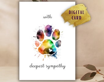 With deepest Sympathy Pet Loss Card, Rainbow paw, digital, printable, Pet Condolence Card, rainbowbridge