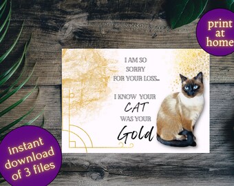 Printable Card for Cat Loss Memorial Card Loss of Cat Sympathy Card for petloss cat owner grief gift cat loss condolence card siamcat perser