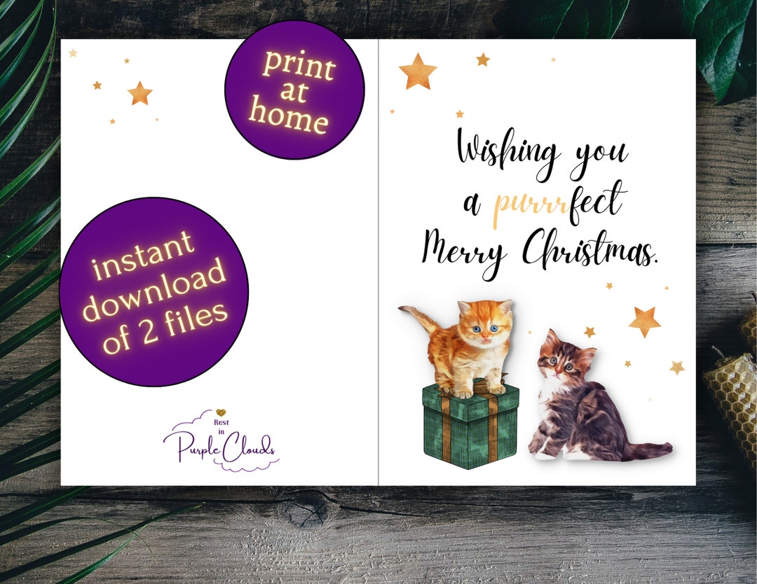 Printable Christmas Card Cute Kitten Card Christmas Holiday Etsy