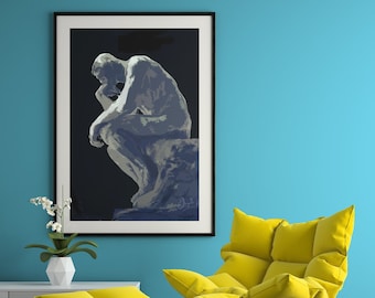 Vintage drawing of The Thinker, housewarming gifts, Bedroom Wall Art, Dining Room Art, Fantasy Wall Art, Large Art , Home Decor Art