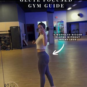 May include: Image of a woman in a gym setting, wearing a white crop top and dark purple leggings. Text on the image reads "4 Weeks Glute Focused Gym Guide" and "4 Weeks to Bigger Glutes Without Bulky Legs."