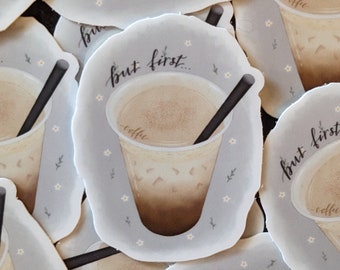 Pegatina de café a prueba de agua, pero primero café, pegatina duradera para botella de agua, regalo para amantes del café, café helado