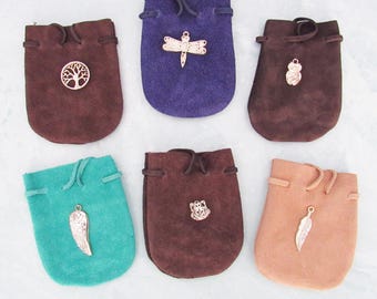 Wildleder Beutel mit Silber Anhänger - Mini Ledertasche mit Kordel - Wählen Sie Stil!