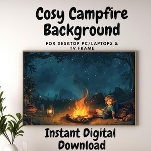 Puede incluir: Una impresión artística digital enmarcada que presenta una acogedora escena de fogata bajo un cielo nocturno estrellado. La obra de arte representa a una persona sentada cerca de un fuego, con el texto "Cosy Campfire Background" y "Instant Digital Download". La impresión se anuncia como "TRUE 4K QUALITY!"