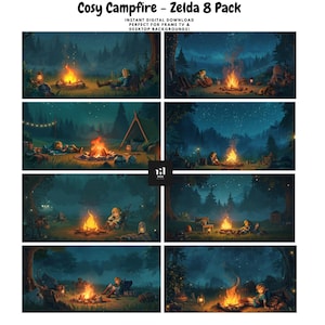 May include: A digital download pack of eight illustrations showing a cosy campfire scene. Each image features a person near a campfire in a forest setting, under a starry night. The text "Cosy Campfire - Zelda 8 Pack" is at the top.