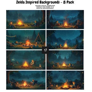 Puede incluir: Una descarga digital con ocho fondos inspirados en Zelda. Cada fondo representa una escena de fogata en un bosque, con personajes y elementos que recuerdan al juego. El texto en la parte superior dice "Zelda Inspired Backgrounds - 8 Pack" y "Instant Digital Download Perfect for Frame TV & Desktop Backgrounds!"