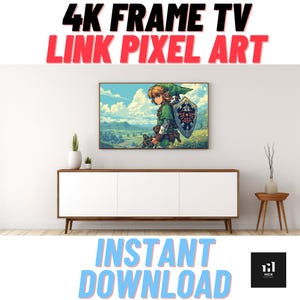 Könnte beinhalten: Ein gerahmter 4K-Fernseher, der Pixelkunst eines Charakters aus The Legend of Zelda zeigt, mit dem Text "4K FRAME TV LINK PIXEL ART" und "INSTANT DOWNLOAD". Der Fernseher ist über einem weißen Schrank montiert.