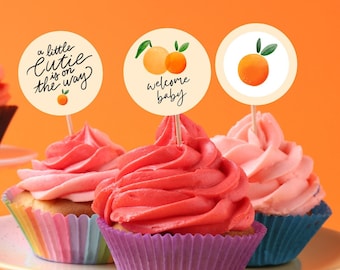 Little cutie cupcake toppers, citrus baby shower, party favors, instant download, a little cutie is on the way, print at home