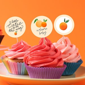 Little cutie cupcake toppers, citrus baby shower, party favors, instant download, a little cutie is on the way, print at home