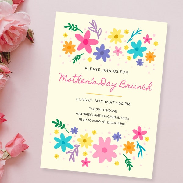 Mothers Day Invitation, floral design, Mother’s Day brunch, editable template, phone invite, instant download, Mother’s Day tea, daisies