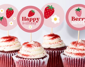 Berry sweet printable cupcake toppers, strawberry birthday party, party favors, instant download, strawberries and daisies, print at home