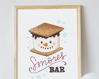 Bord Christmas Smores Bar: sneeuwpop winterdecor (afdrukbaar)