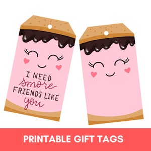 Pink smores geschenkanhänger zum ausdrucken, valentinstag instant download, klasse valentine, goodie bag tags, smore friends like you, leckerli toppers