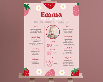 1st birthday milestone sign, berry sweet milestone board, editable template, 1st birthday girl, instant download, strawberries and daisies