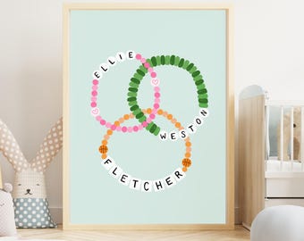 Personalized Name Beads Bracelet Wall Art, Custom Kids Room Decor, Nursery Art Print