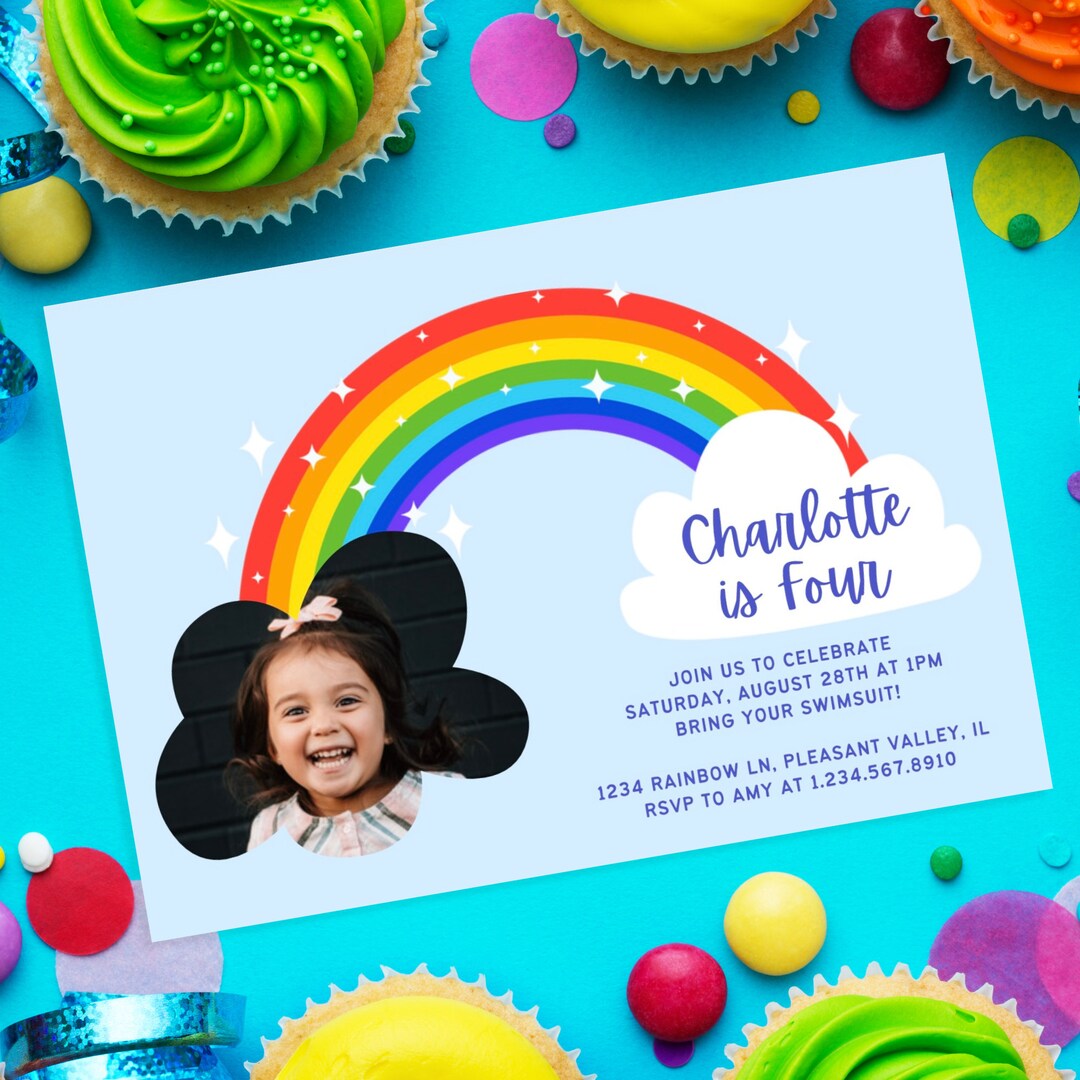 Rainbow Party Invite Editable Template Kids Birthday Photo Evite Rainbow Party Invite Editable Template Kids Birthday Photo Evite