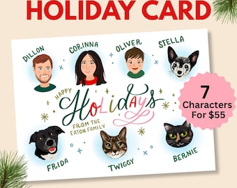 Custom family portrait Christmas card, printable holiday card, illustrated card, digital download, new year card, 7 person family portrait