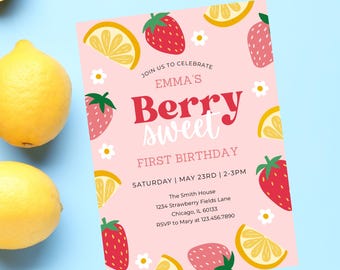 Strawberry Lemon Birthday Invitation: Berry Sweet Girl (Editable Template, Digital Download)