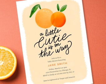A Little Cutie Is On the Way baby shower invitation, editable template, orange baby shower invite, instant download, citrus baby shower
