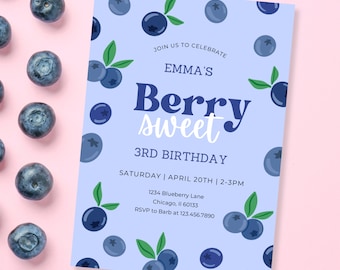Berry Sweet Birthday Invitation, girls birthday, editable template, email invite, instant download, blueberries party theme