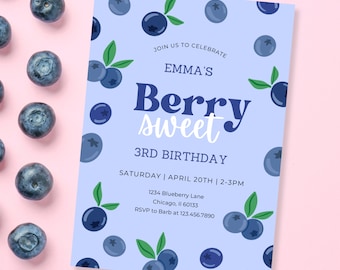 Blueberries Birthday Invitation, girls birthday, editable template, email invite, instant download, berry sweet party theme