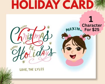 Custom family portrait Christmas card, printable holiday card, illustrated card, digital download, new year card, 1 person family portrait