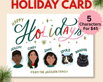 Custom family portrait Christmas card, printable holiday card, illustrated card, digital download, new year card, 5 person family portrait