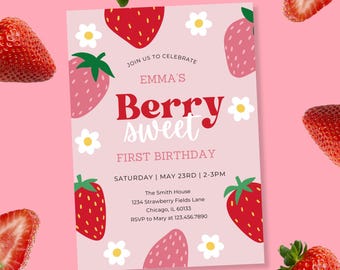 Berry Sweet Birthday Invitation Template, Strawberry First Birthday Invite Girl, Editable Canva, Berry 1st Birthday, Pink Strawberry Party