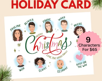 Custom family portrait Christmas card, printable holiday card, illustrated card, digital download, new year card, 9 person family portrait