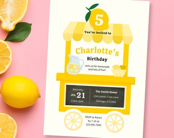 Lemonade stand birthday invite, gender neutral birthday, editable template, email invite, instant download, yellow lemon party theme