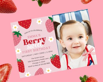 Strawberry Birthday Photo Invitation: Berry Sweet Canva Template (Digital Download)