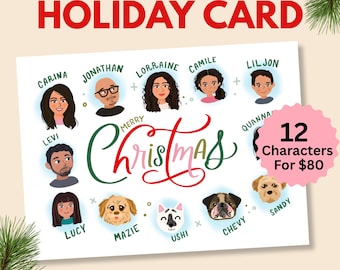 Custom family portrait Christmas card, printable holiday card, illustrated card, digital download, new year card, 12 person family portrait
