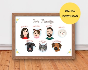 Custom Hand-Drawn Family Portrait Illustration, Personalized Wall Art (Digital Download)