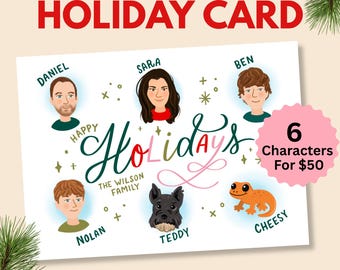 Custom family portrait Christmas card, printable holiday card, illustrated card, digital download, new year card, 6 person family portrait